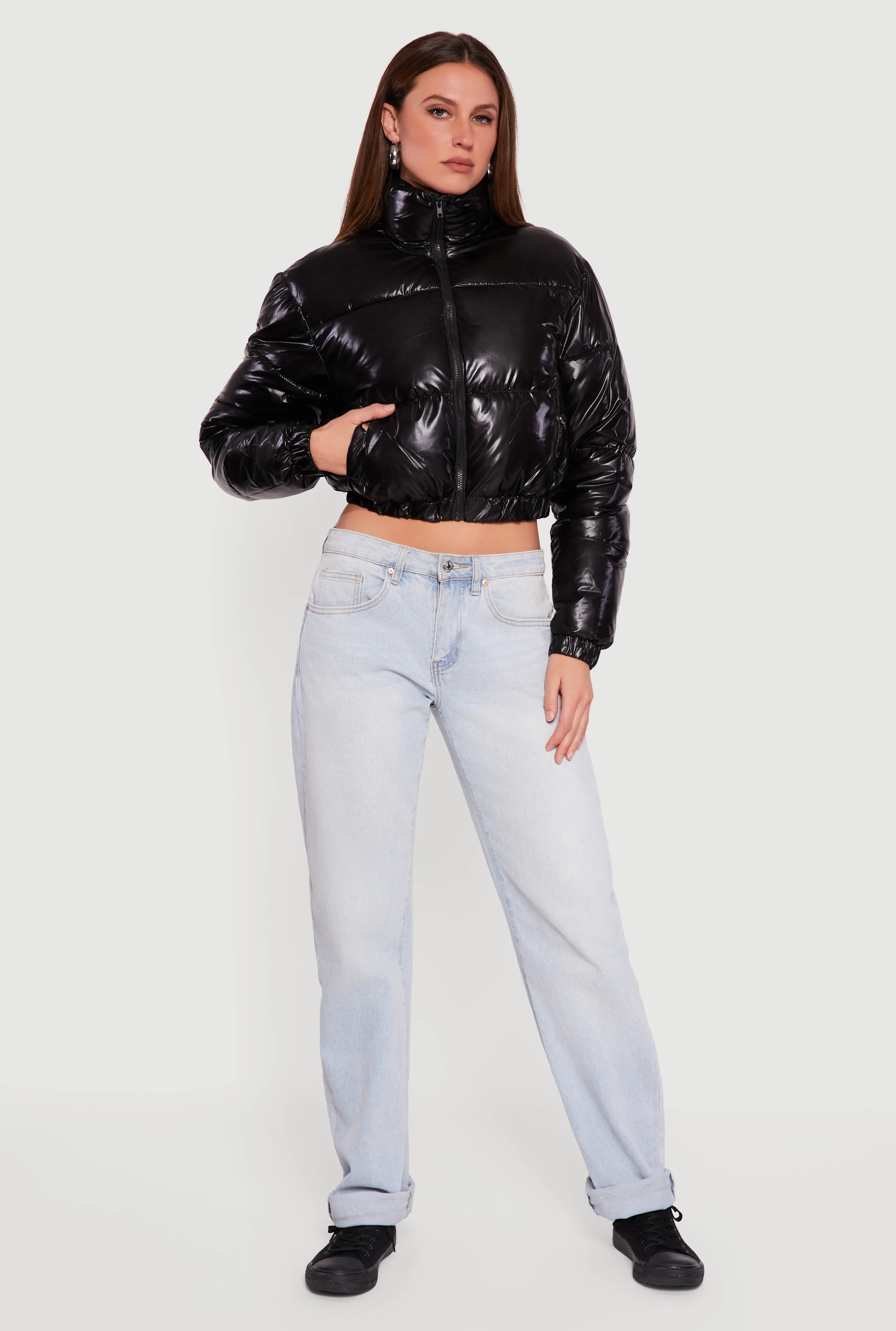 Zip Front Mock Neck Cropped Puffer Jacket