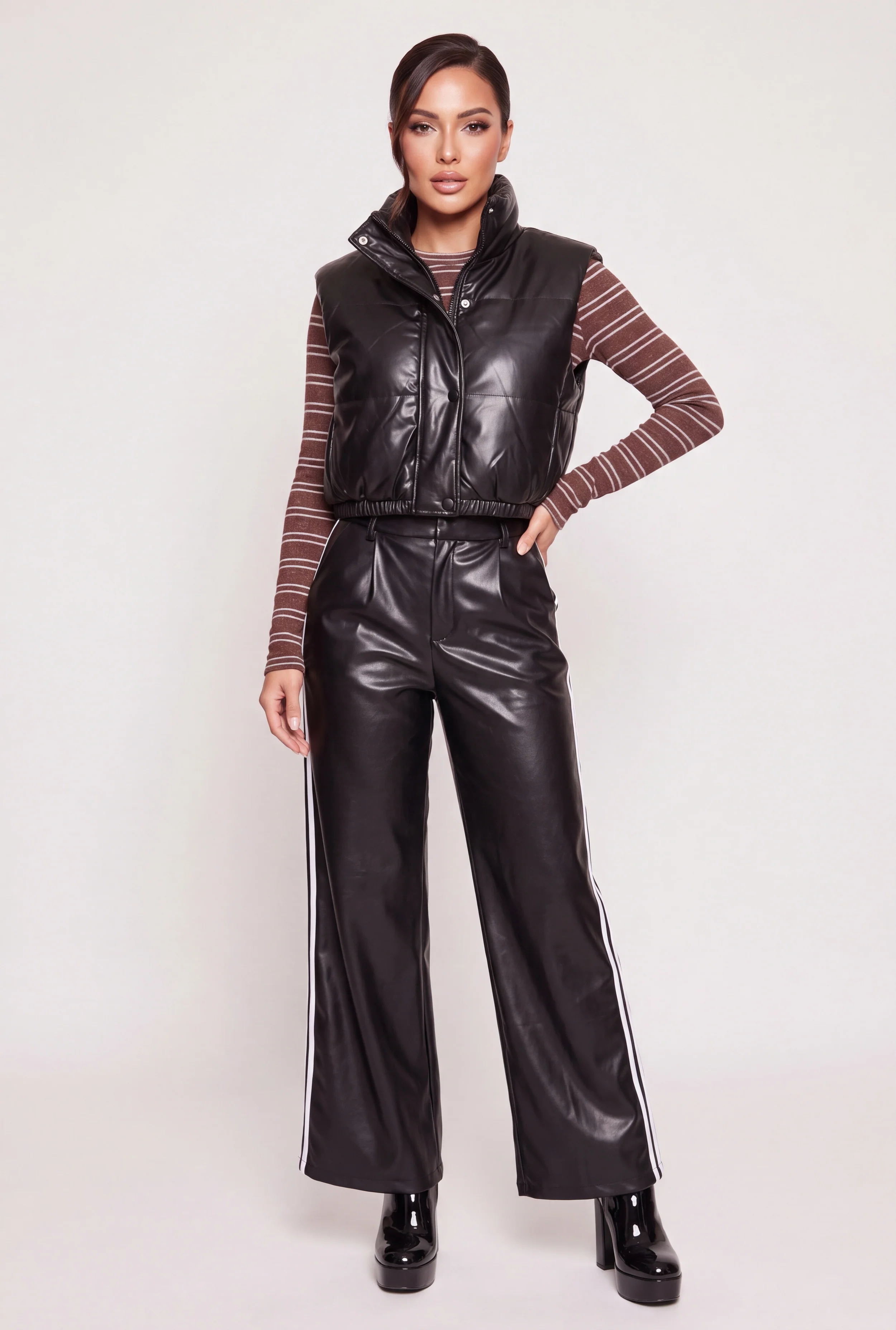 Faux Leather Zip and Button Front Puffer Vest