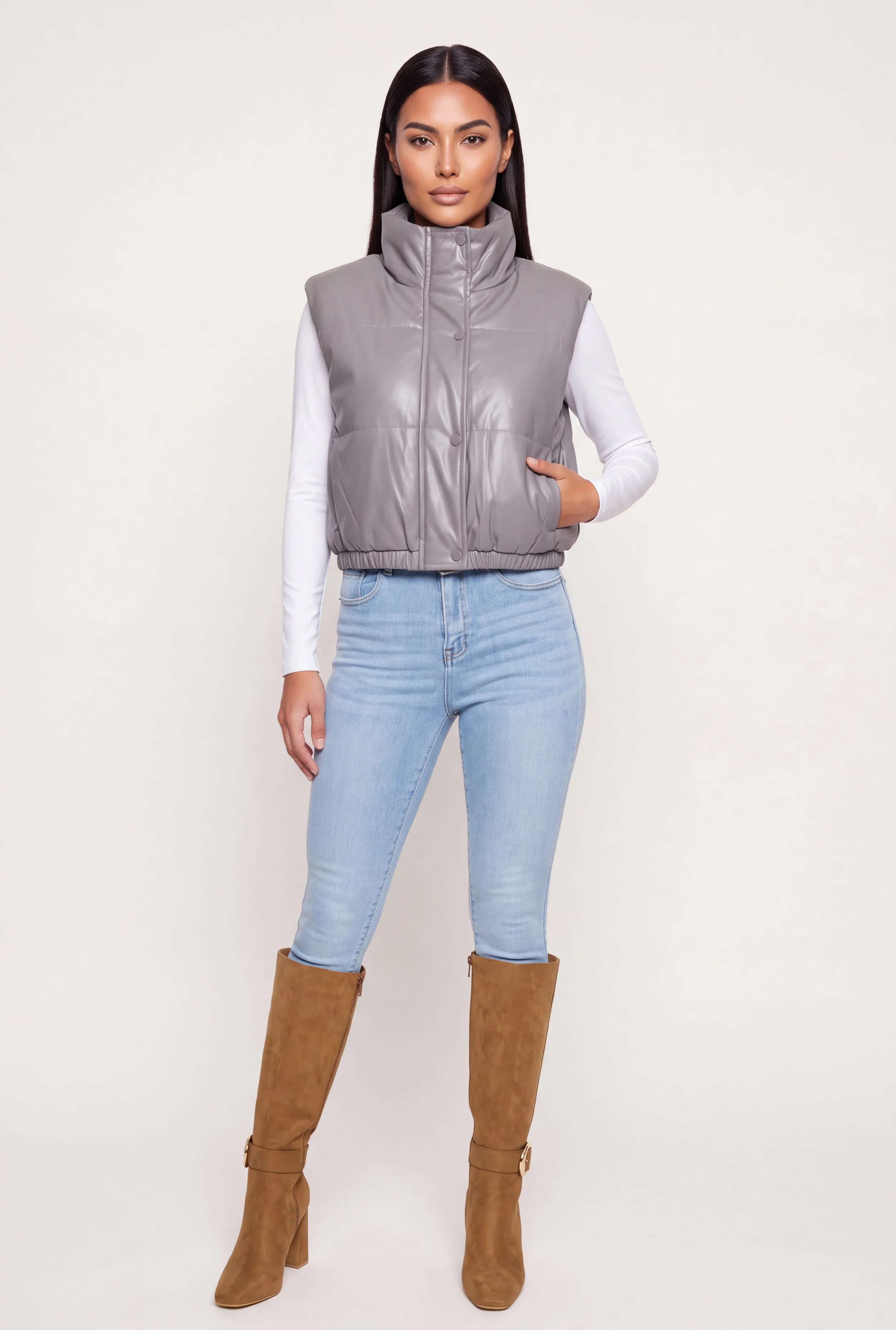 Faux Leather Zip and Button Front Puffer Vest