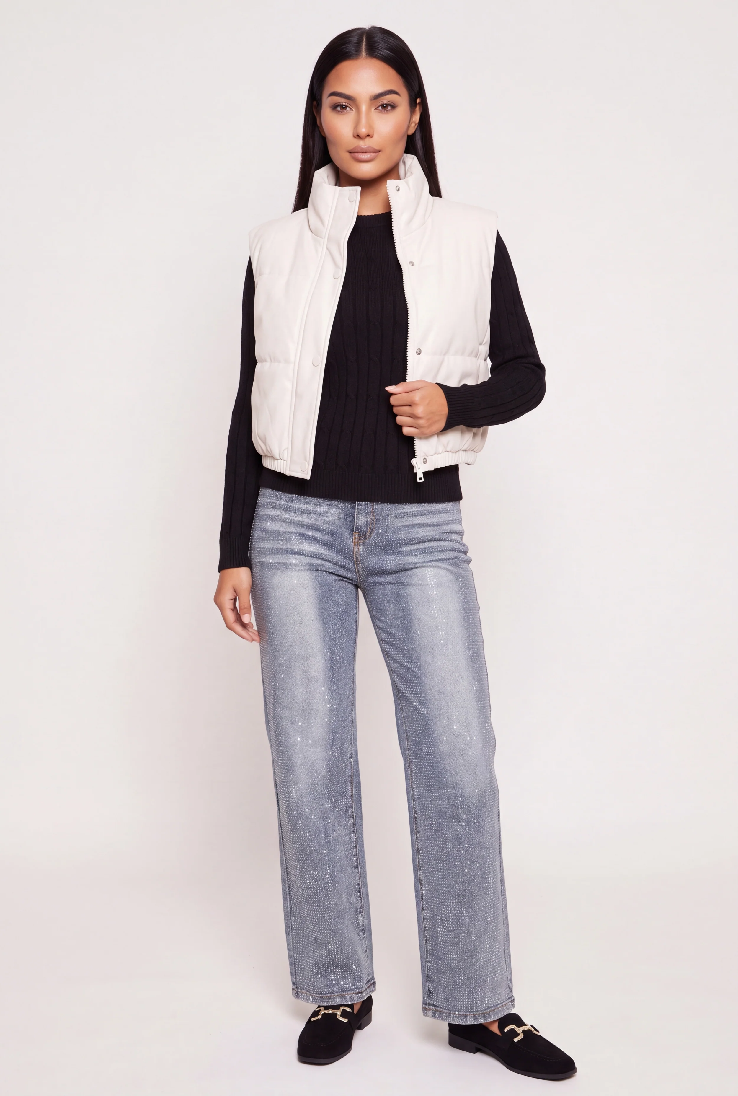Faux Leather Zip and Button Front Puffer Vest