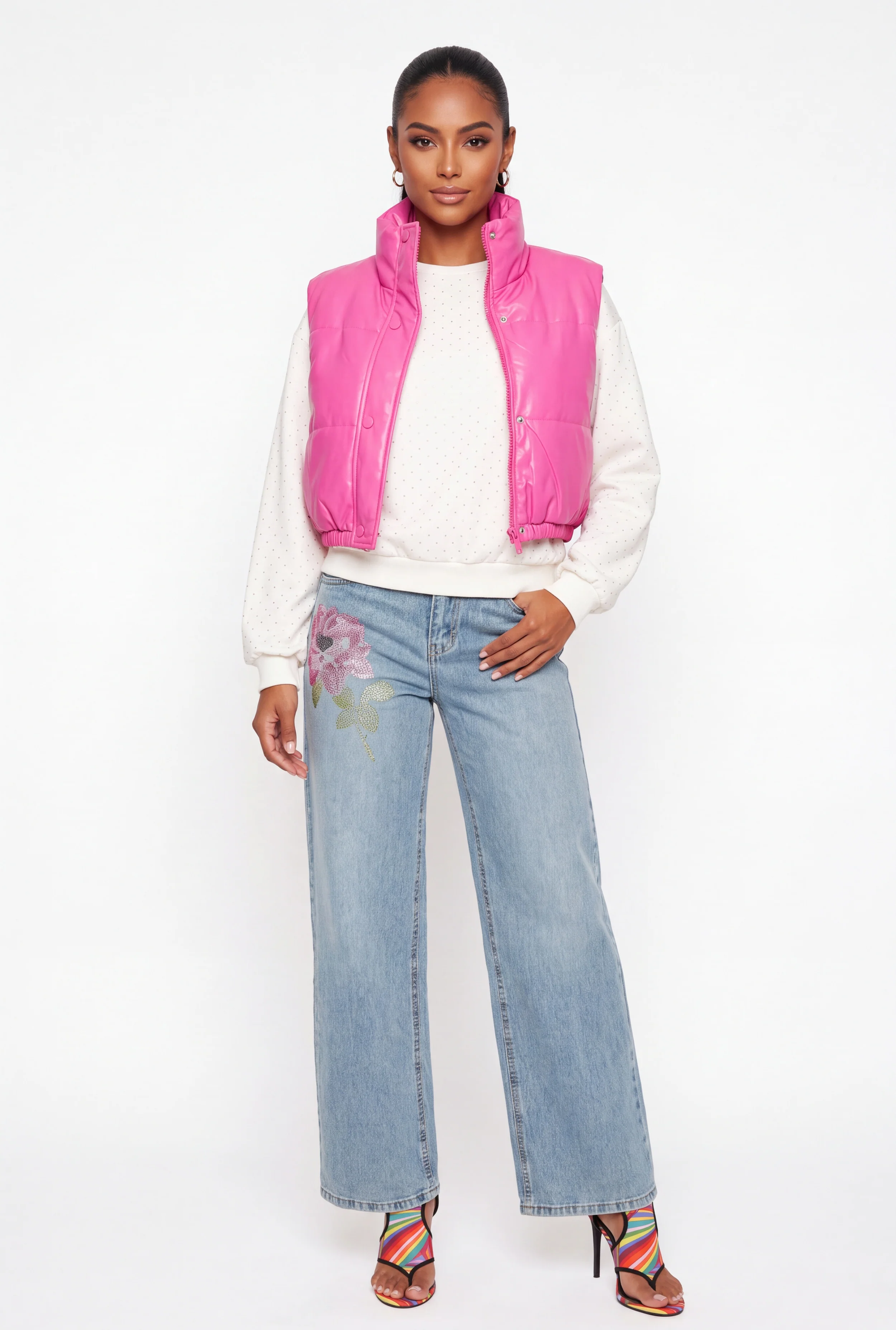 Faux Leather Zip and Button Front Puffer Vest