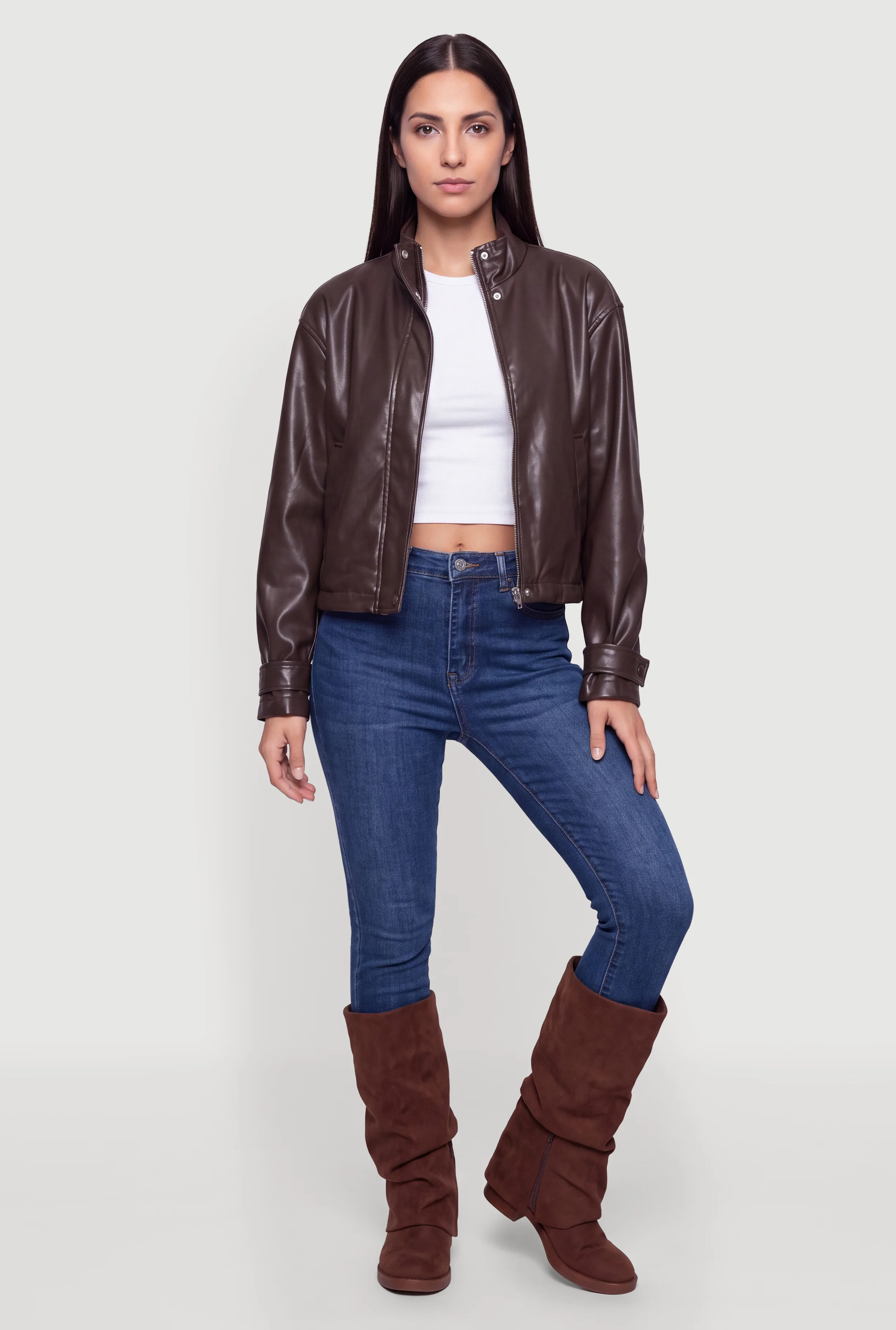 Faux Leather Metallic Zip Front Mock Neck Jacket