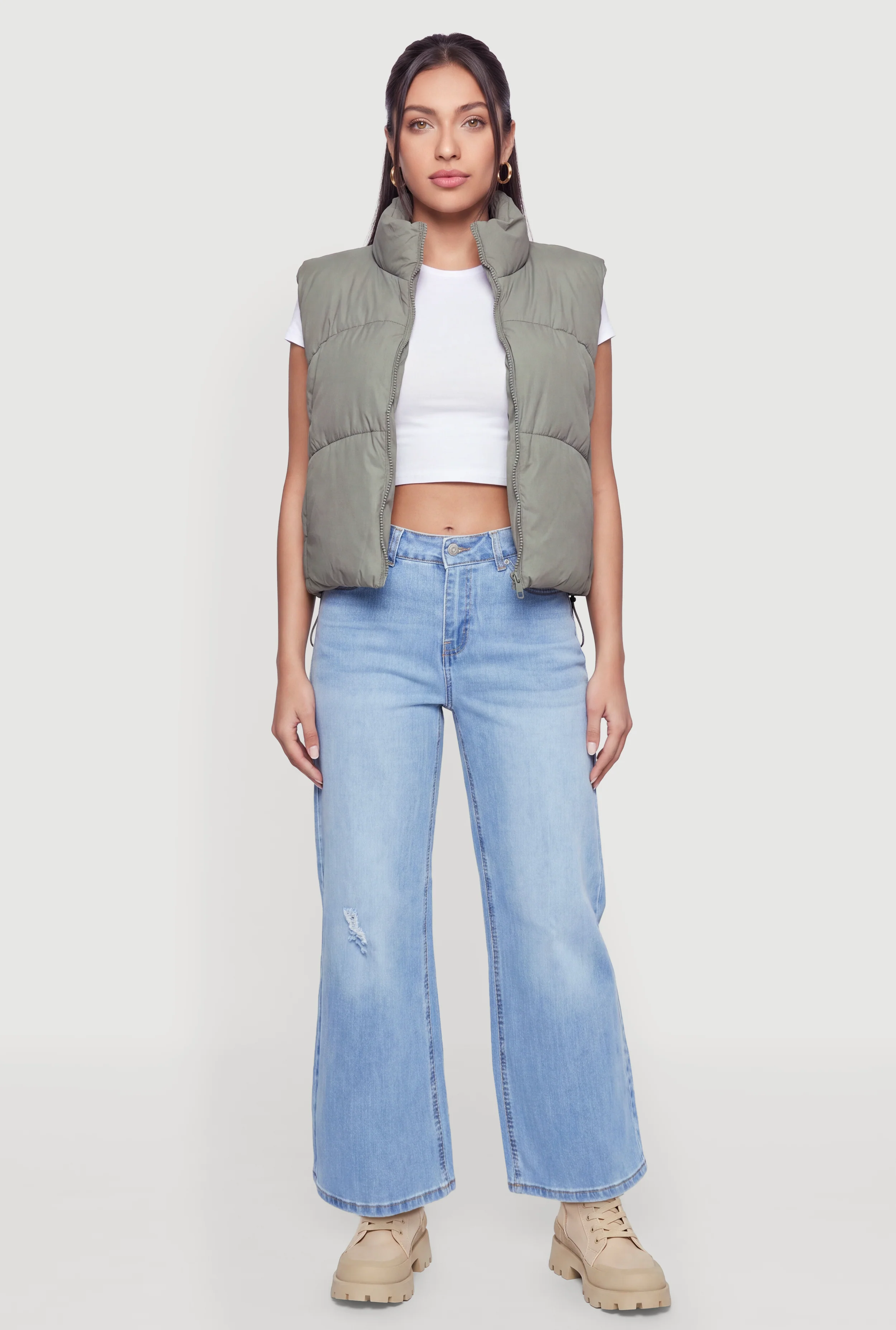 Faux Leather Zip Front Puffer Vest