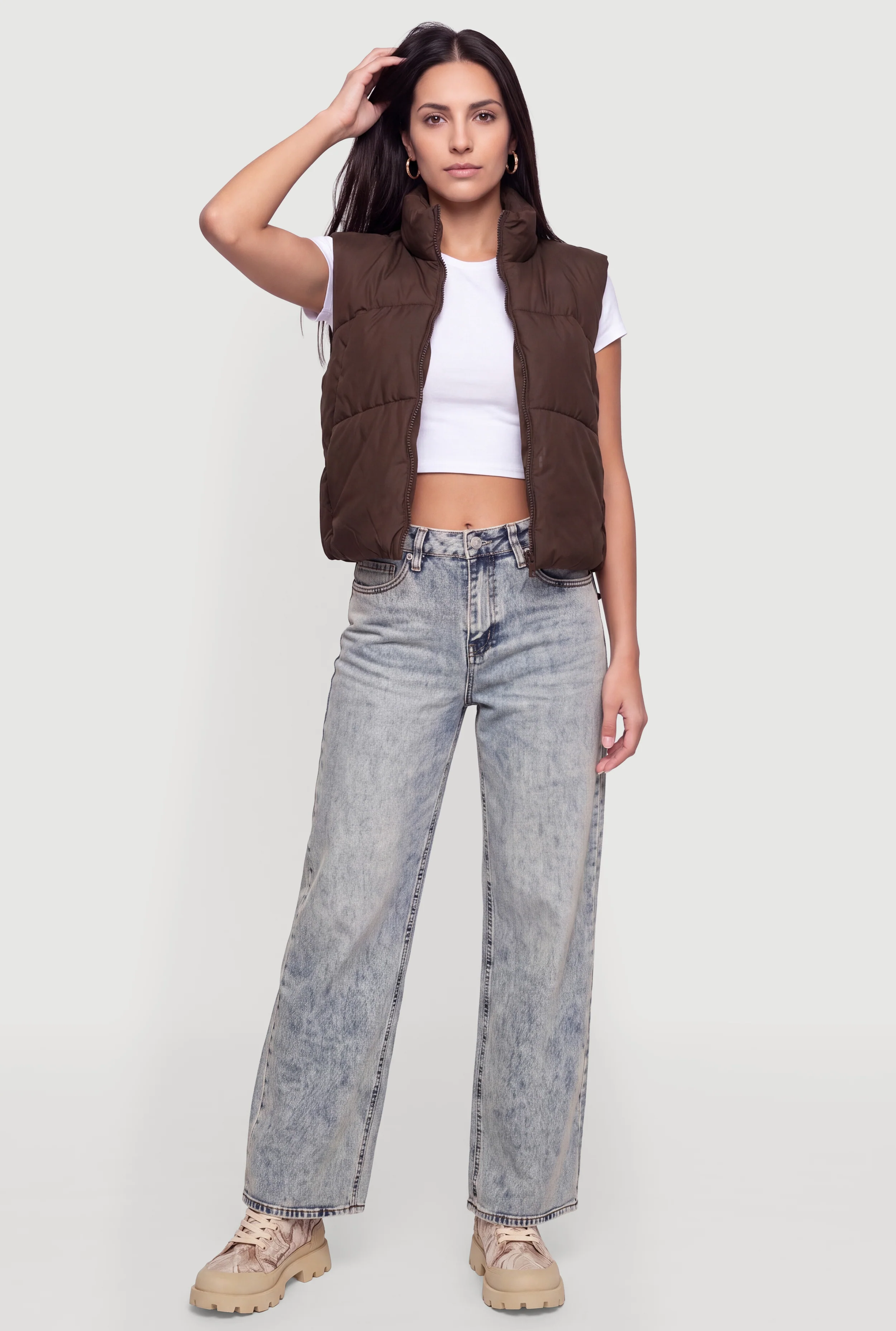 Faux Leather Zip Front Puffer Vest