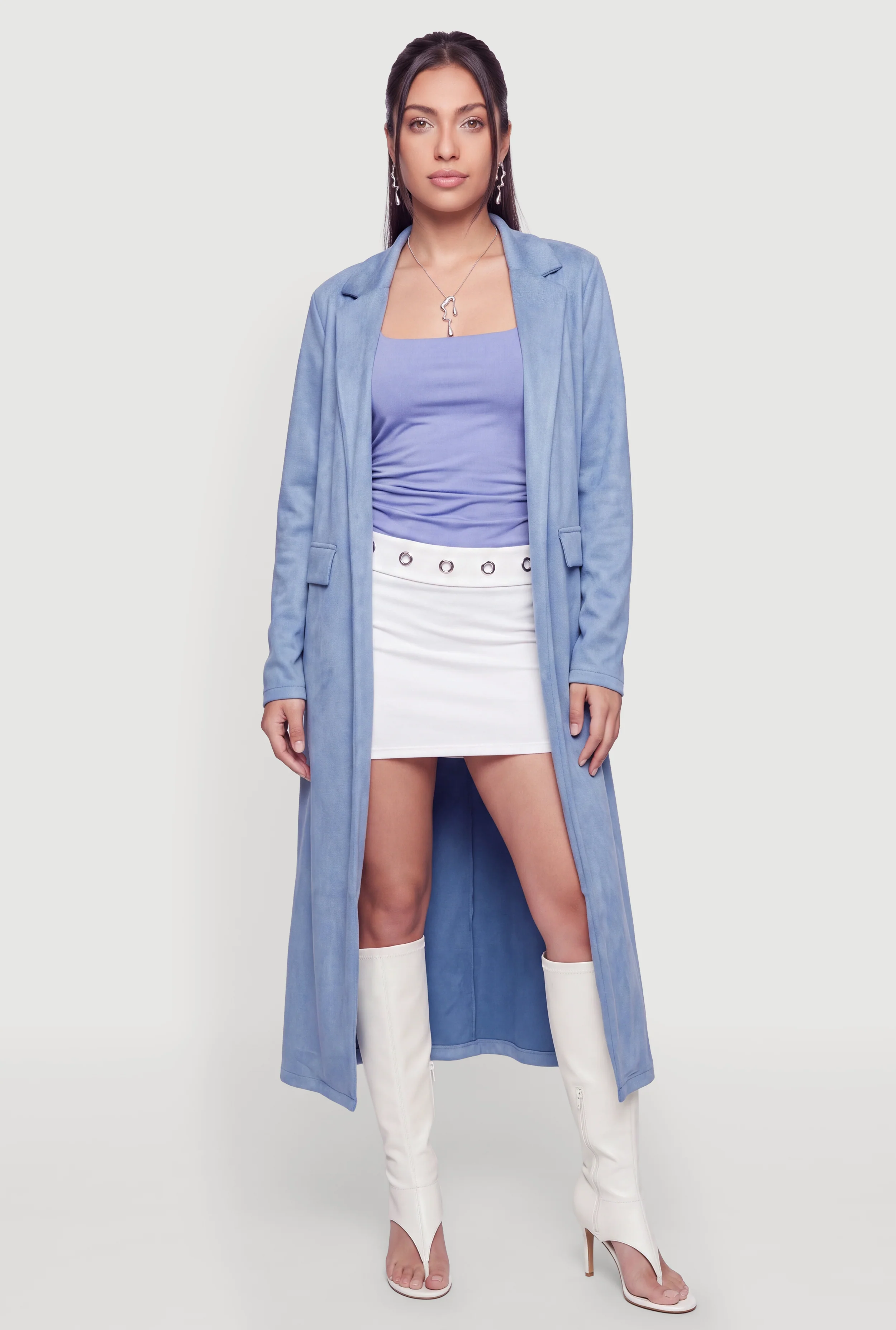 Faux Suede Collared Open Front Duster