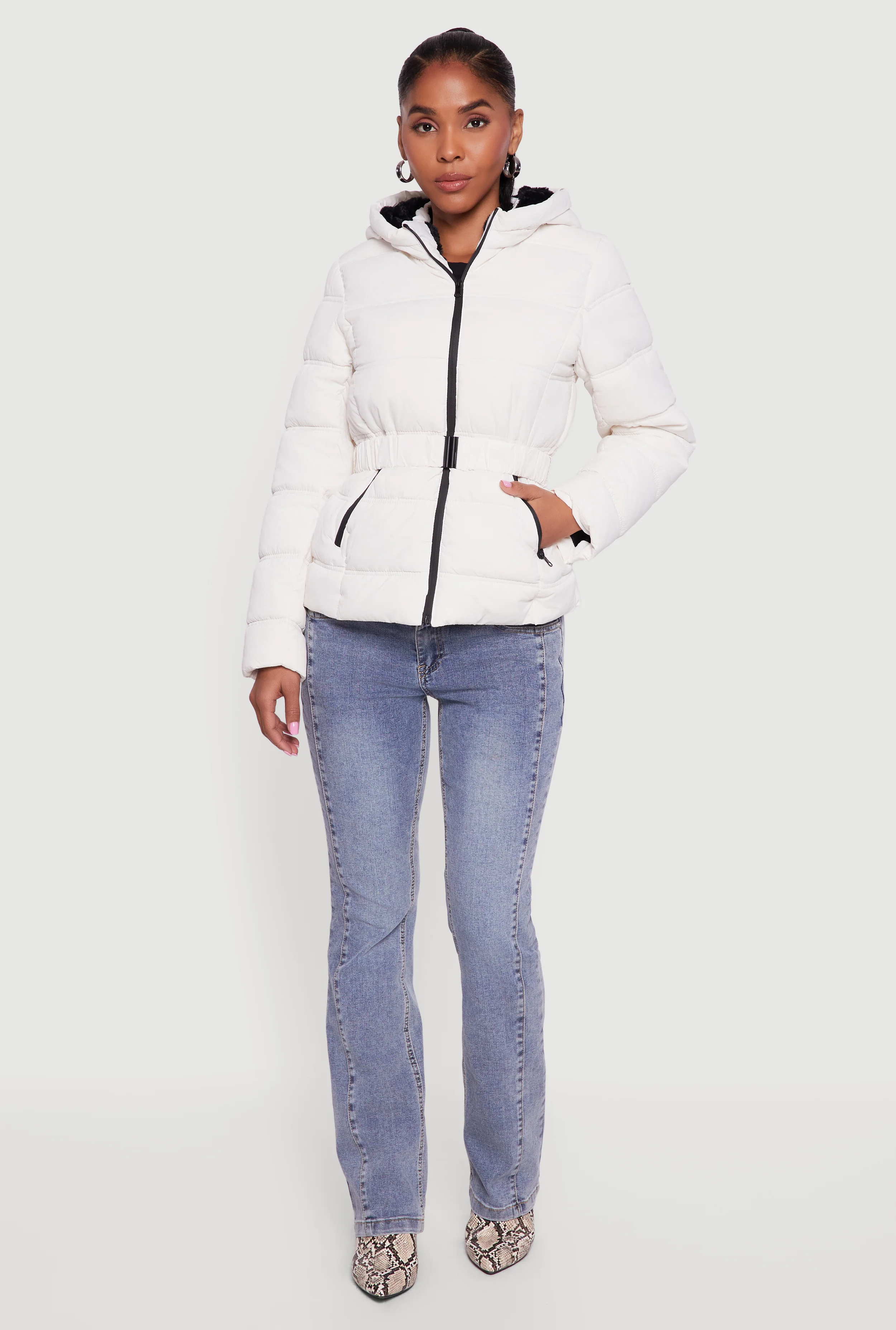 Faux Fur Lined Hooded Puffer Jacket with Belt