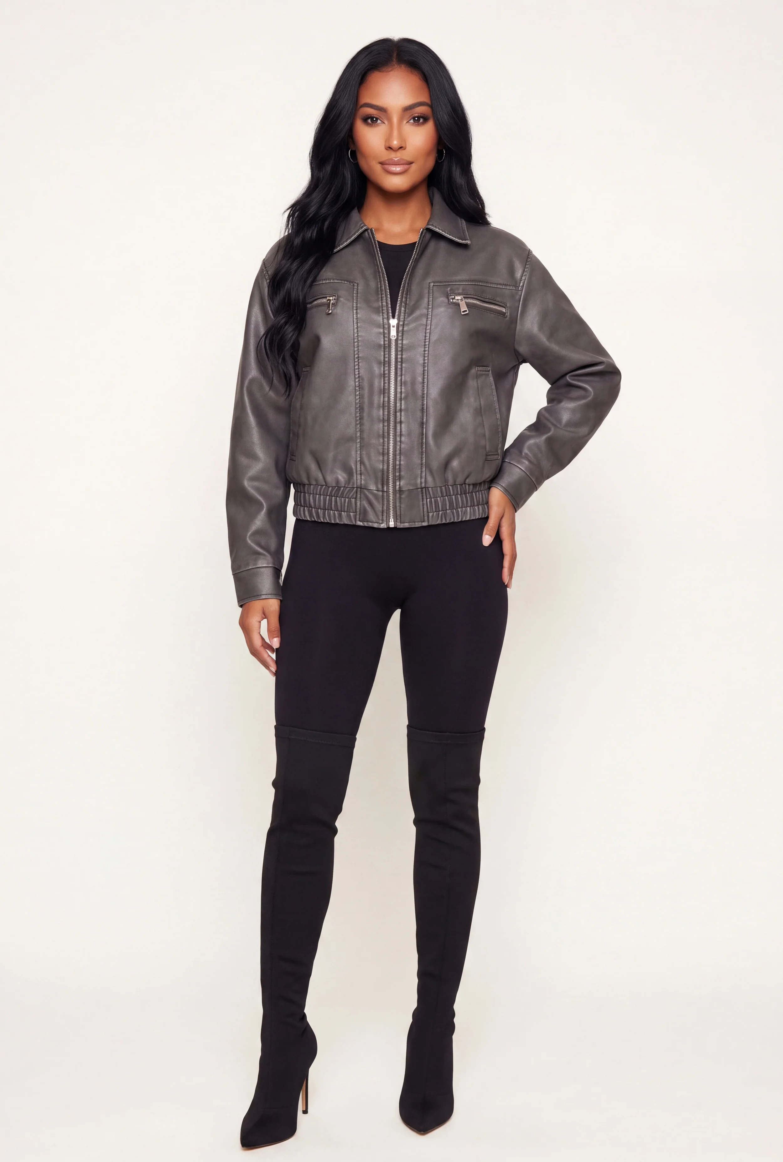 Faux Leather Zipper Detail Smocked Waist Bomber Jacket