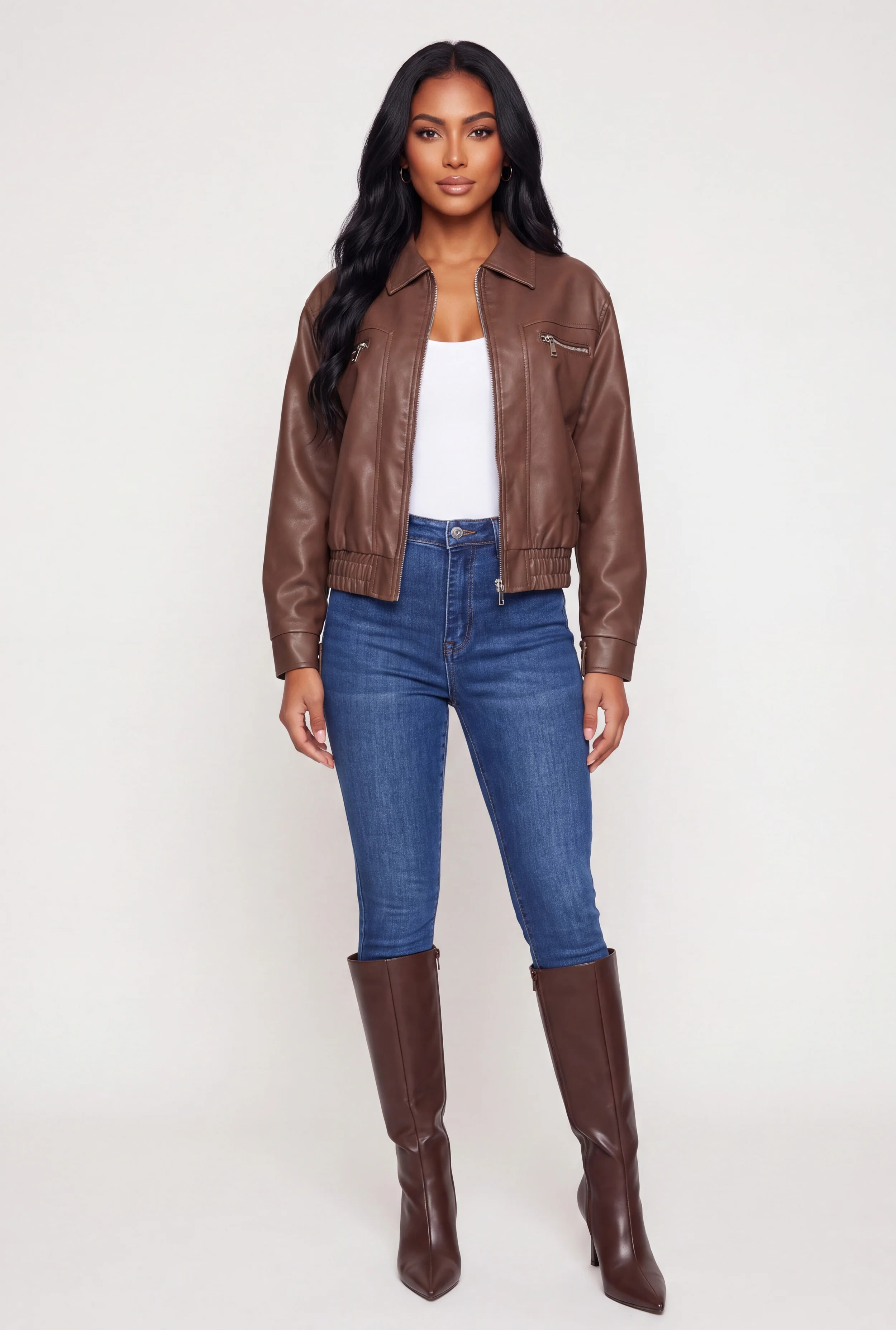 Faux Leather Zipper Detail Smocked Waist Bomber Jacket