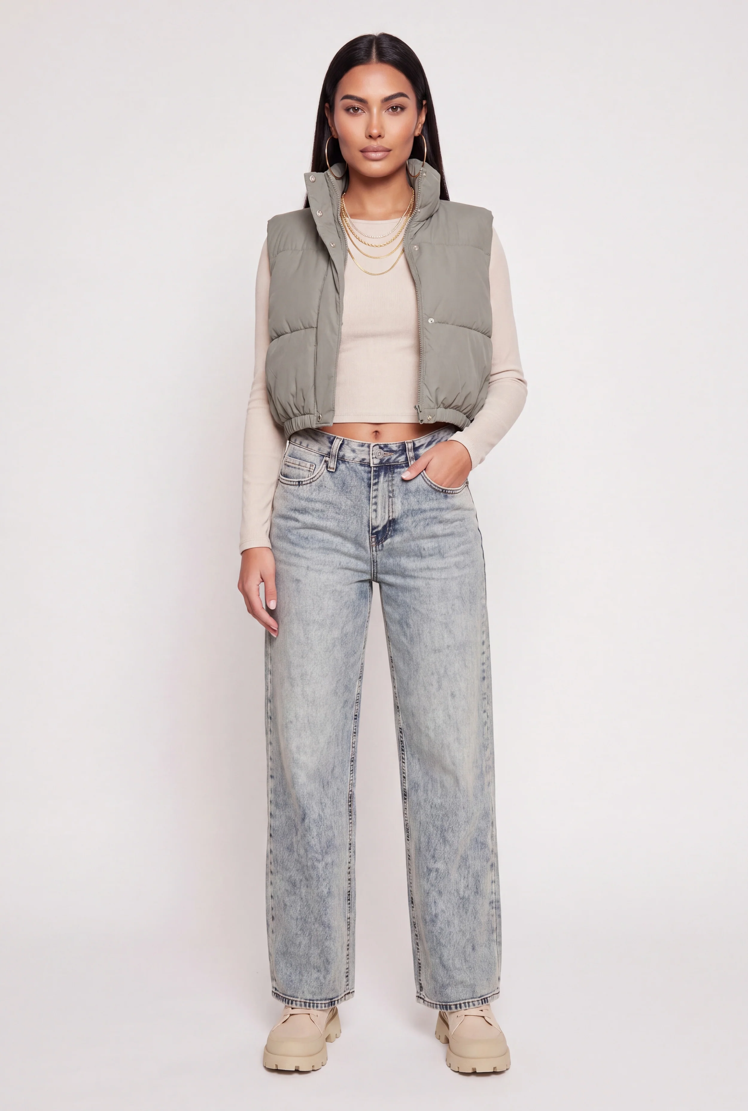 Mock Neck Toggle Drawstring Hem Puffer Vest
