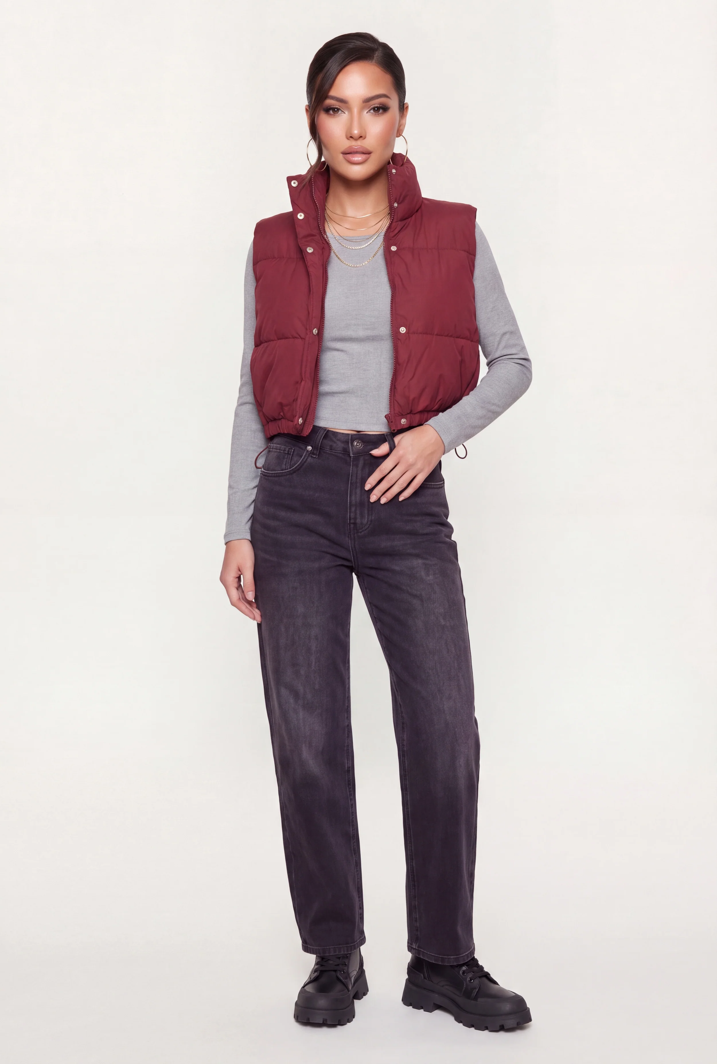 Mock Neck Toggle Drawstring Hem Puffer Vest