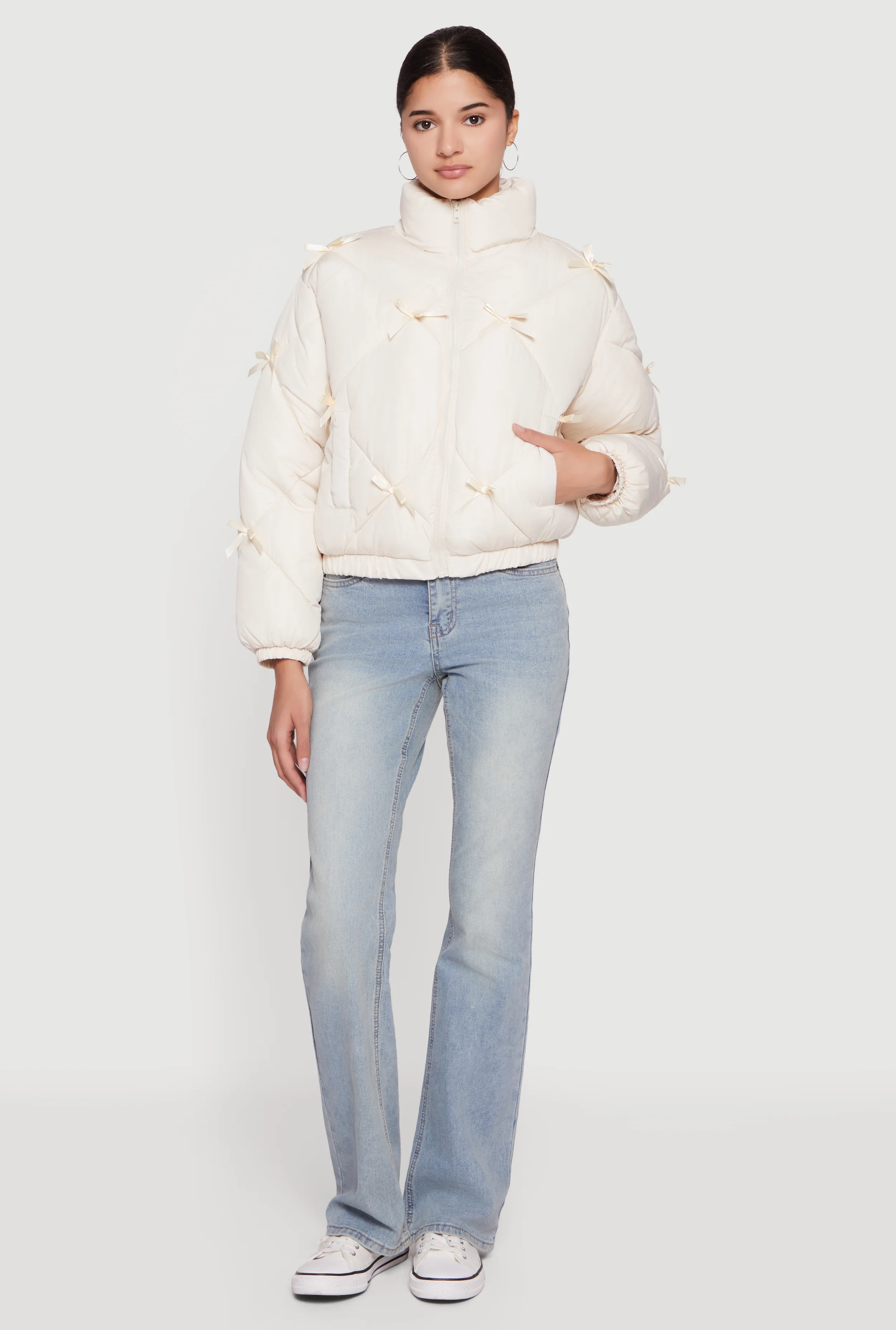 Almost Famous Bow Detail Zip Front Puffer Jacket