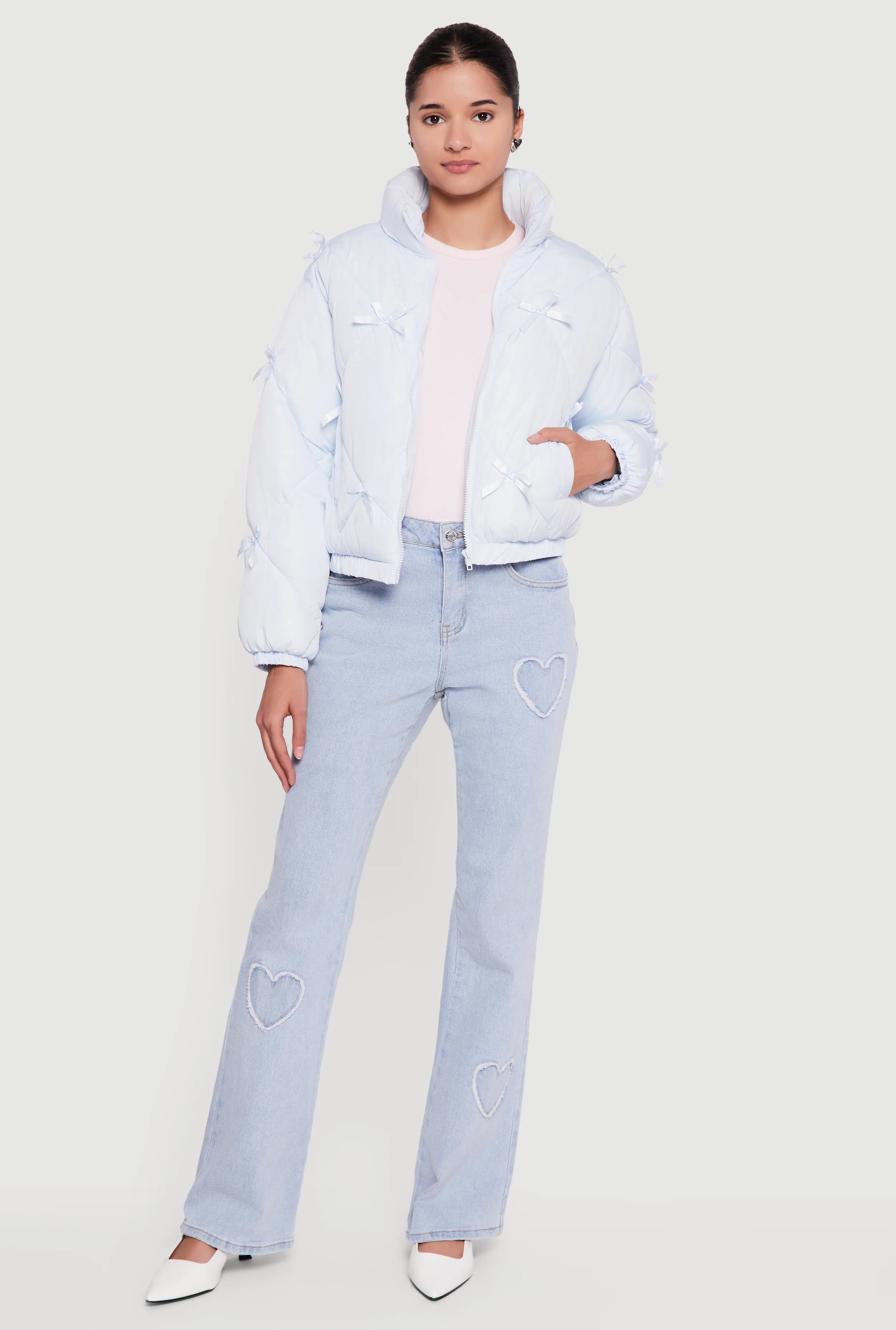 Almost Famous Bow Detail Zip Front Puffer Jacket