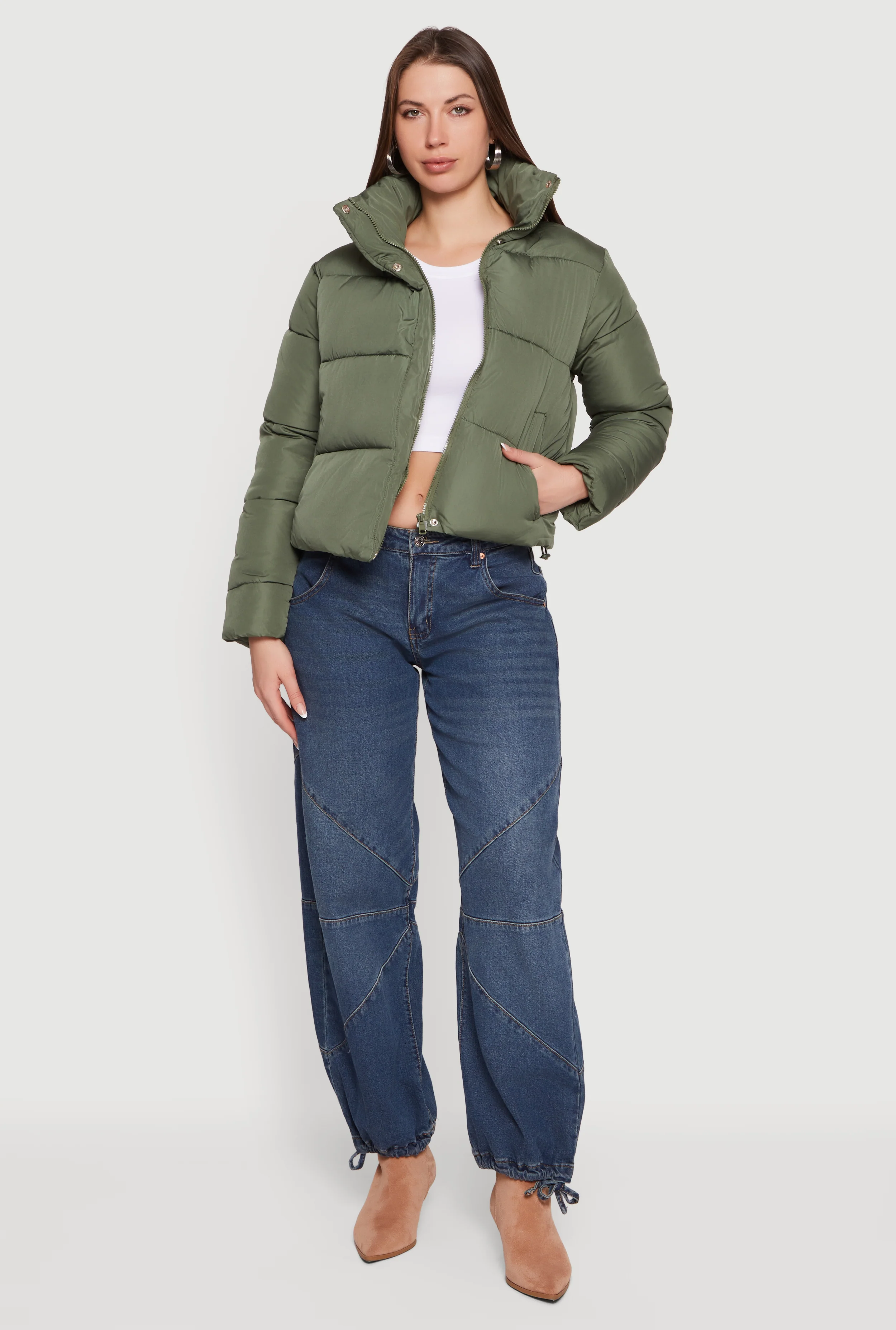 Almost Famous Mock Neck Zip Front Puffer Jacket