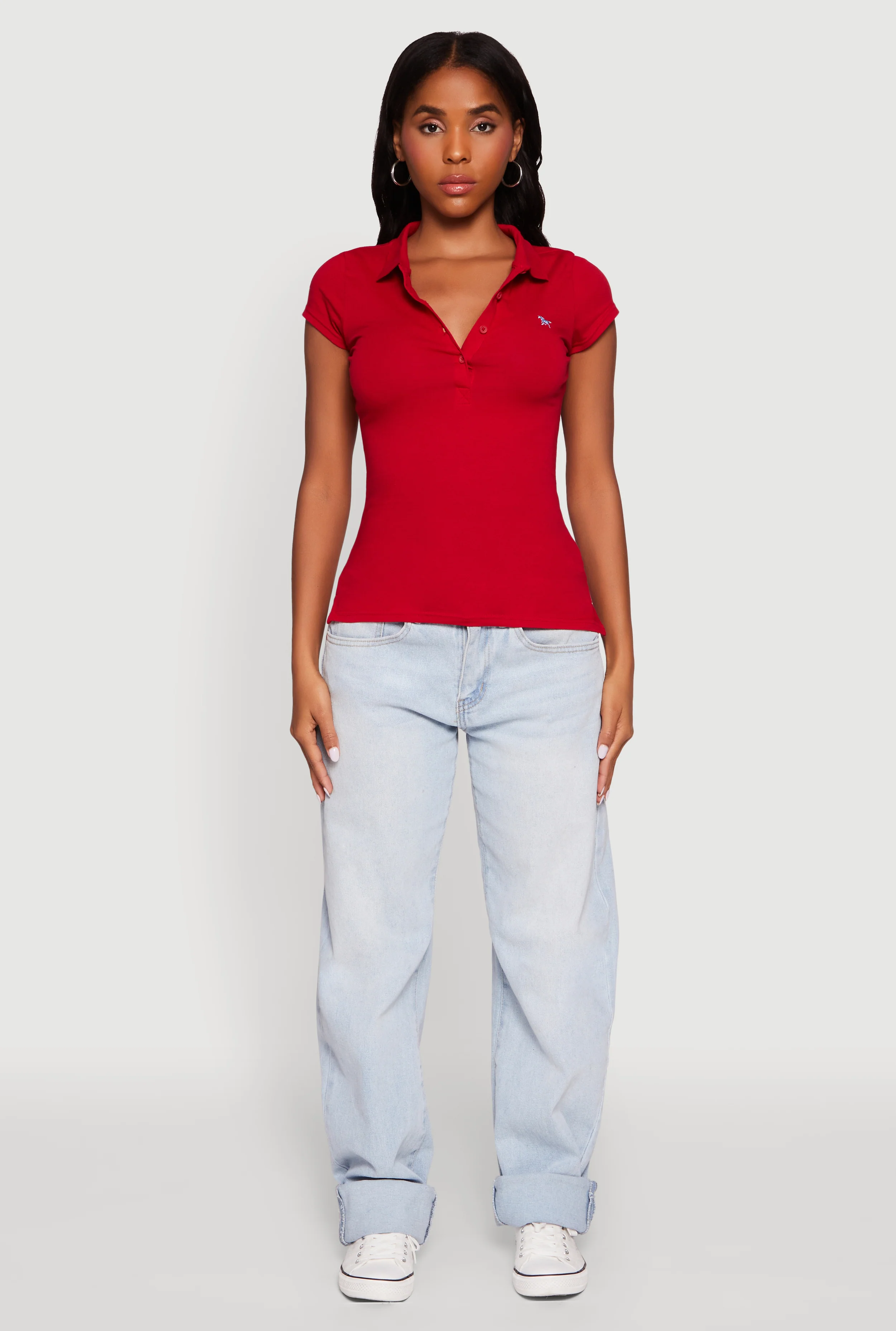 Embroidered Button Front Polo Shirt